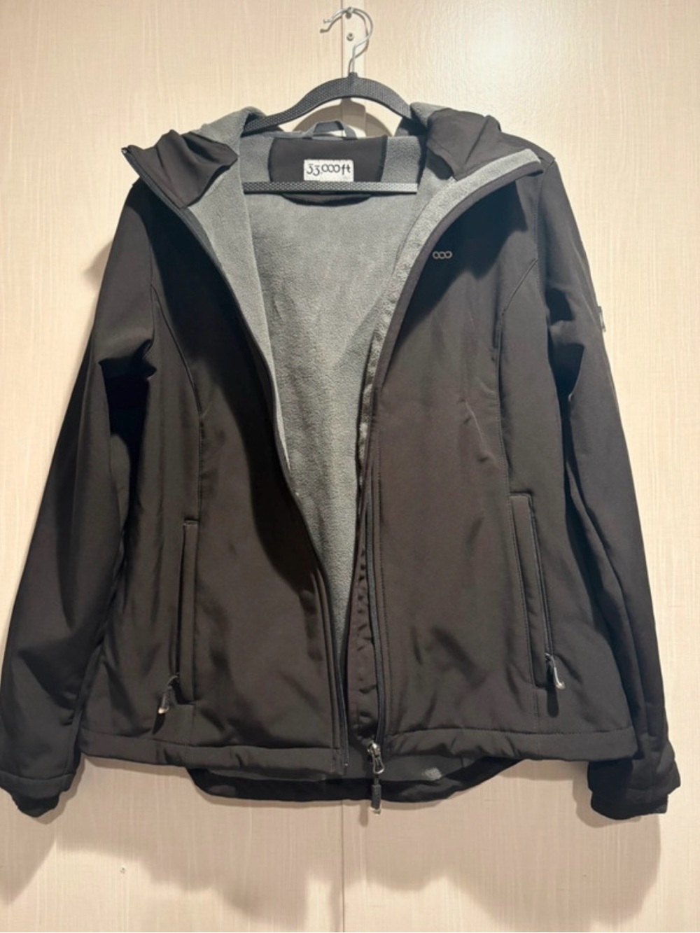 Rain resistant Black Hooded Softshell Jacket with Gray Fleece Lining